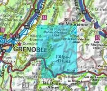 Carte de Grenoble avec des zones surlignées, incluant l'Alpe d'Huez.