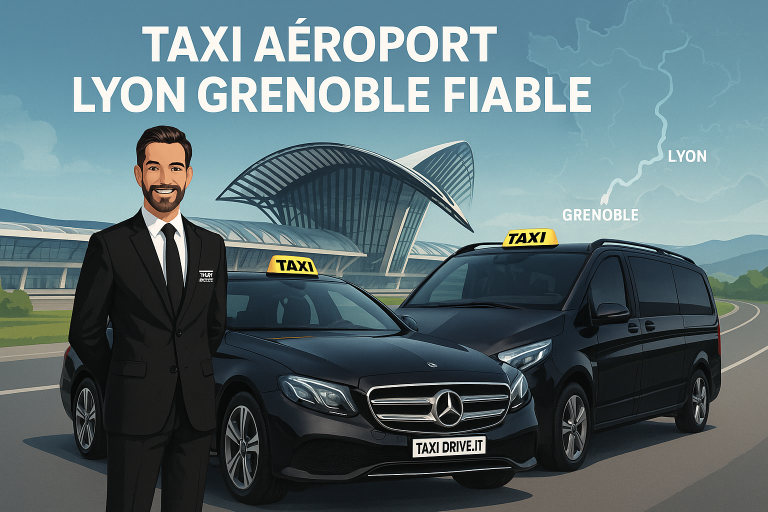 Taxi à l'aéroport de Grenoble avec un homme en costume et des voitures de taxi.