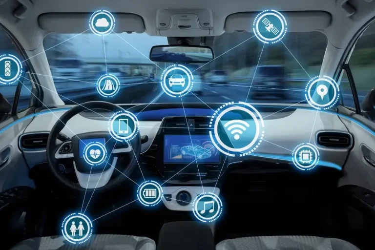 Cabine de voiture moderne avec connectivité numérique et icônes technologiques.