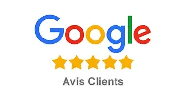Logo de Google avec cinq étoiles et le texte "Avis Clients".